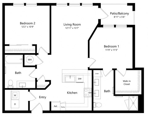 Floor plan for 2 beds, 2 baths, 1059 sqft